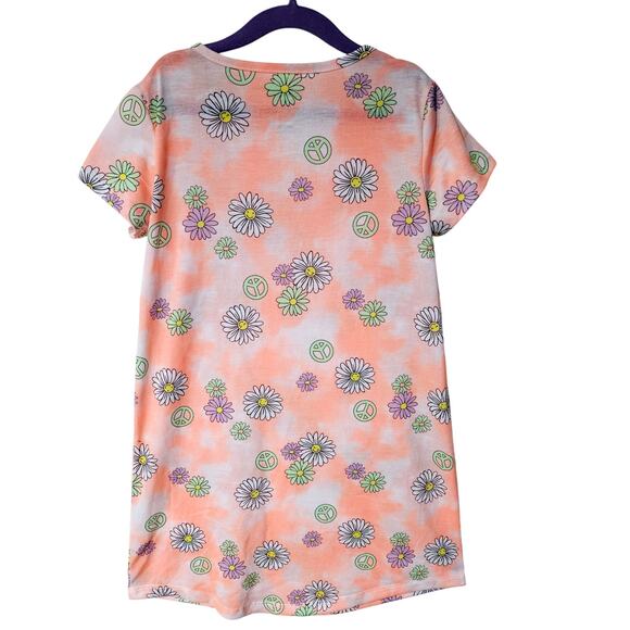 Cuddl Duds Girls M Short Sleeve Tee Shirt Dress Peach Daisy Print Peace Signs - Picture 4 of 5